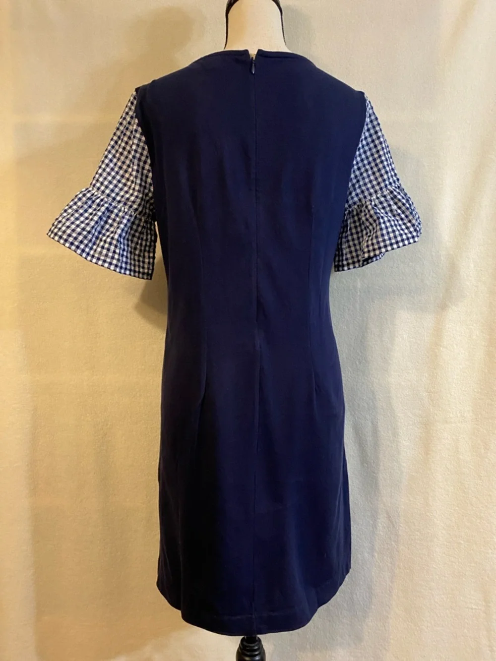 J. Crew navy blue & white gingham check bell sleeve dress